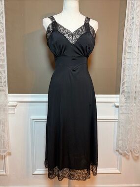 Vintage Van Raalte Black Lace Slip Dress Nylon 70s Bias Cut XS S